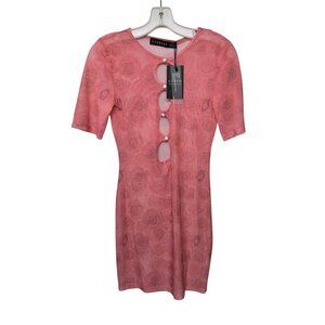 Lioness Hysteria Knit Bodycon Dress S Cut Out Sheer Mesh Rose Print Stretch Pink